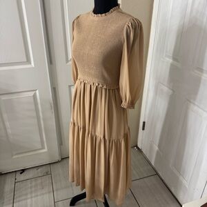 FOREVER 21 Smocked Chiffon Tan Midi Dress - S -Elegant Beige Women's Dress